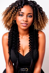 African american girl with long and shiny wavy hair on white background. Beautiful model with curly hairstyle. Generative AI.