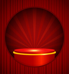 Abstract red background with curtain and pedestal podium