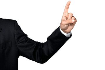 Businessman shows hands and fingers various symbols