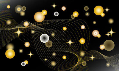 Black backdrop with stars, circles and golden waves
