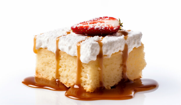 Tres leches cake with whipped cream and fresh berries on top, white background. Traditional cake from Latin America. 