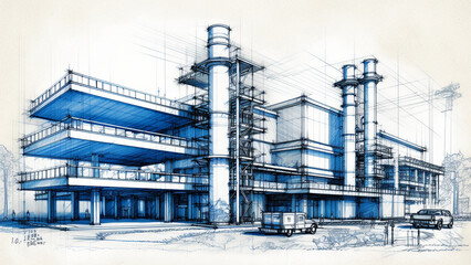 Obraz premium Architectural ink drawing design which is a blueprint design with 3d model. Generative AI.