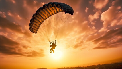 Man jumps with parachute at sunset with Generative AI. - obrazy, fototapety, plakaty