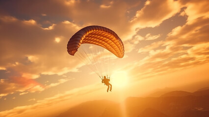 Man jumps with parachute at sunset with Generative AI. - obrazy, fototapety, plakaty