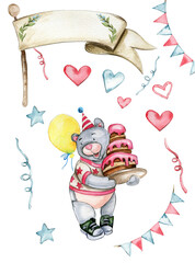 Party celebration composition. Bear and rabbit in a birthday cap. Watercolor hand drawn design for baby shower party, birthday, cake, holiday design, greetings card, invitation.