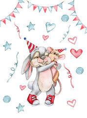 Party celebration composition. Bear and rabbit in a birthday cap. Watercolor hand drawn design for baby shower party, birthday, cake, holiday design, greetings card, invitation.