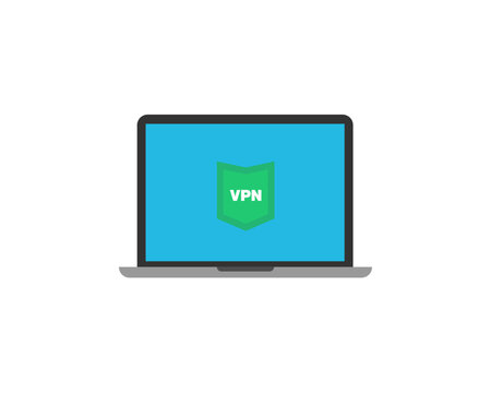 VPN shield icon on PC screen. Virtual Private Network protection vector illustration on laptop computer for security