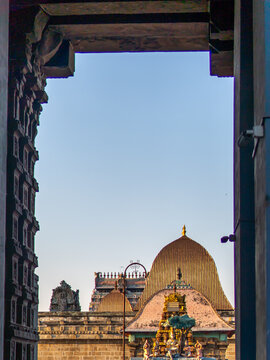 Chidambaram Thillai Natarajar Temple from the temple gopuram entrance. Golden temple tower of lord Shiva in south India, Tamil Nadu