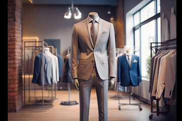 Naklejka na ściany i meble Elegant men's suit in the clothing store. Super photo realistic background, generative ai illustration