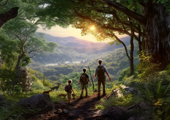 Obraz premium family hiking together on a nature generative AI