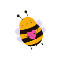 A cute bee with a heart. Cute insect in cartoon style. Bumblebee, wasp, yellow insect with a black stripe.
