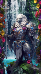 Eagle wearing silver armor with flowers generative AI