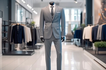 Elegant men's suit in the clothing store. Super photo realistic background, generative ai illustration