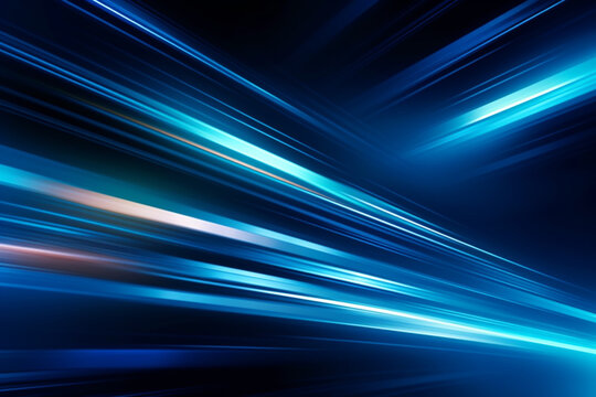 Vector Abstract, science, futuristic, energy technology concept. Digital image of light rays, stripes lines with blue light, speed and motion blur over dark blue background Generative AI