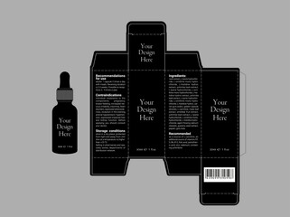 Editable vector image of black cosmetic bottle and box with dieline box on neutral background