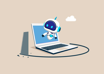 Thief sawing the floor to make robot with artificial intelligence.  collapse falling down. Market drop, technology collapse and price crisis. Bad review for product, rating to product. 