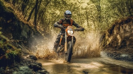 Naklejka premium Conquering challenging terrains, the dirt bike racer overcomes obstacles with ease