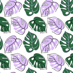 Abstract minimalistic background with monstera leaves in one line drawing and flat. Tropical plant vector illustration. Botanical seamless pattern for paper, textile, cards.
