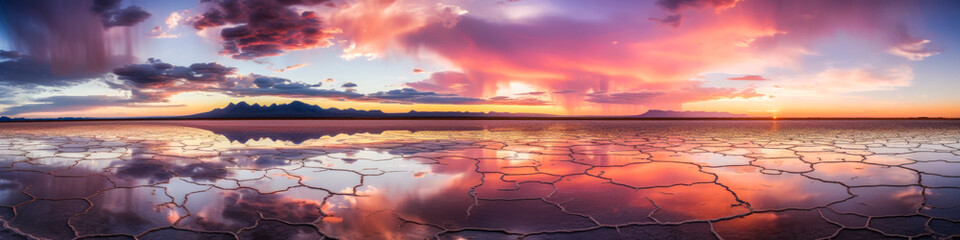 Captivating panoramic landscape displaying a vast salt flat with stunning sky reflections, creating an illusion of infinite space – evoking emotions. Generative AI