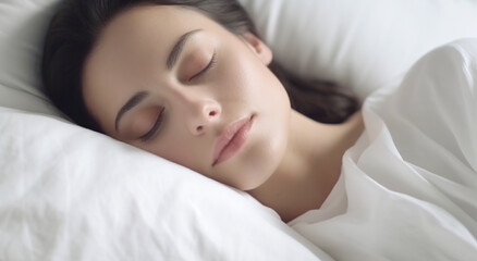 Fototapeta na wymiar A brunette woman sleeping in her bed, clean and white bedroom. Generative Ia