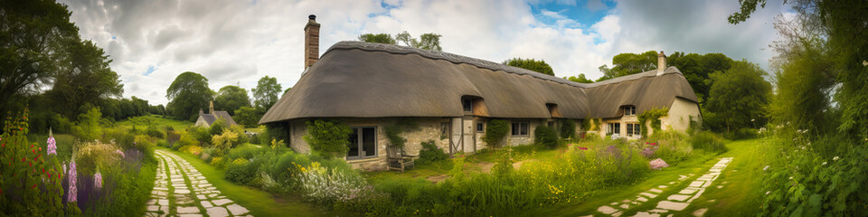 Fototapeta na wymiar Stunning panoramic landscape showcasing idyllic thatched cottages, blossoming gardens & lush meadows, evoking emotional connection to countryside serenity. Generative AI