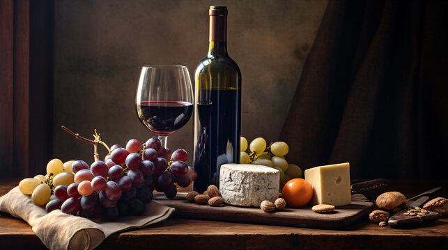 A still life composition showcasing the elegance of wine, including a bottle, glasses, grapes, and cheese platter on a rustic wooden table. Generative ai.