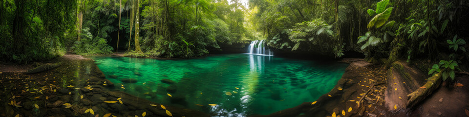 Fototapeta na wymiar Captivating panoramic scenery of a multi-tiered waterfall cascading into a crystal-clear emerald pool, surrounded by lush tropical foliage. Embrace nature's beauty! Generative AI