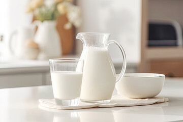 Fototapeta na wymiar Glass and jug with milk on the table, Generative AI