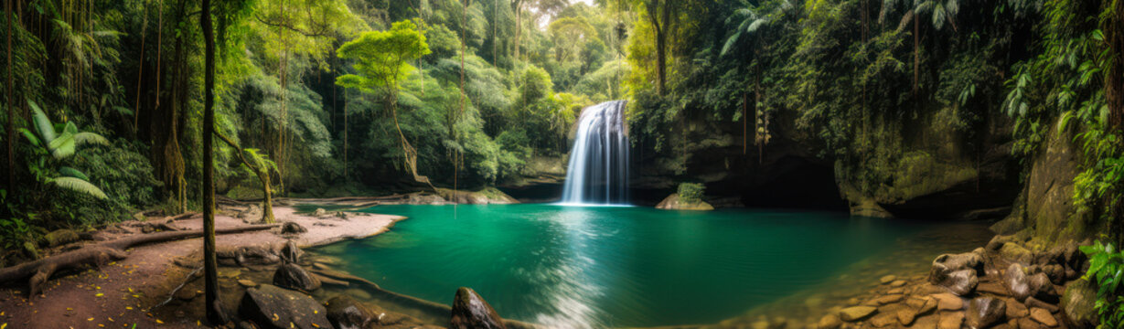 Captivating multilevel waterfall pouring into a crystal-clear emerald pool, surrounded by lush tropical foliage. Experience nature's wonder and raw emotion in this striking image. Generative AI
