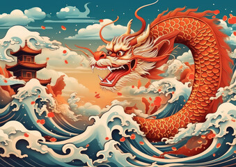Image of the Red and Gold Chinese Dragon. The symbol of the year 2024 dragon