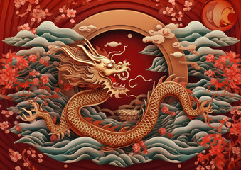 Image of the Red and Gold Chinese Dragon. The symbol of the year 2024 dragon