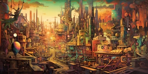 illustration of a surreal chaotic and fictional city, crazy fantasy landscape, generative ai