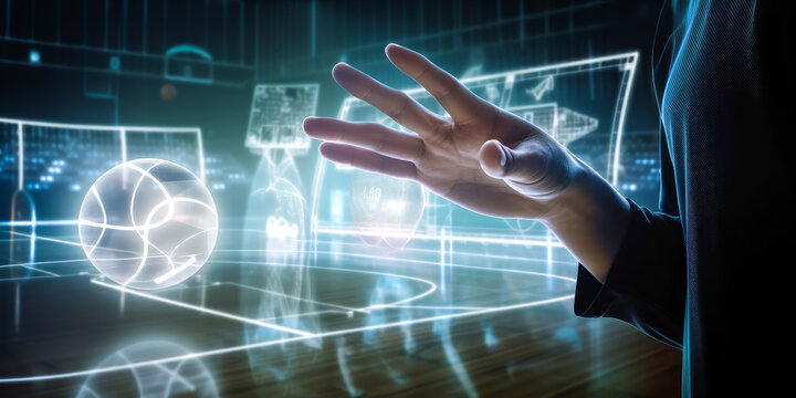 Innovative image capturing a hand activating holographic sports strategy, with focused trainer in background and dynamic sports arena atmosphere; evokes emotion for excellence. Generative AI