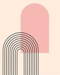 Mid Century Modern Art, Neutral Wall Art, Minimal Arch elements. Geometric Neutral Shapes with black rainbow and beige background