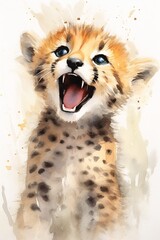 Fototapeta na wymiar cheetah cub mouth open wide cute sports team mascot playful smile digital portrait angel store cheddar smiling laughing, generative ai