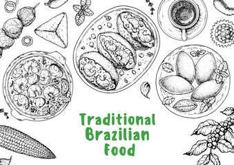 Brazilian food top view vector illustration. Food menu design template. Hand drawn sketch. Brazilian food menu. Moqueca, Acaraje, Brazilian kibe, Brigadeiro, Esfiha, Churrasco. Traditional Cuisine