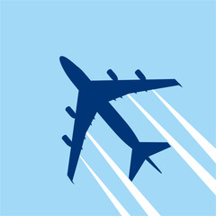 Fototapeta na wymiar Airplane silhouette trailing in blue sky, vector illustration for poster.