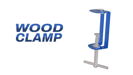 3d render blue Clamp tool device is work press two or more parts together so as to hold them firmly with typography on the isolated white background