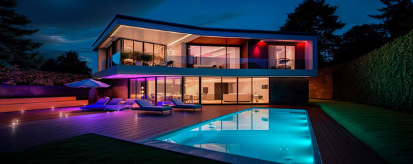 Fototapeta na wymiar Modern villa with colored LED lights at night. Generative AI