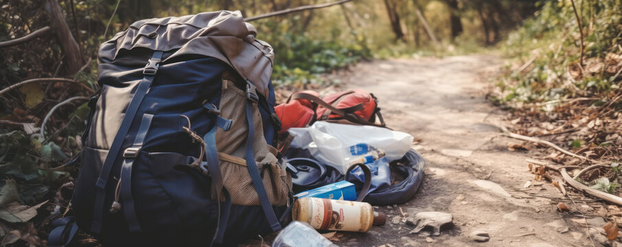 Captivating image of a tourist's backpack with personal belongings surrounded by various litter on a hiking trail, highlighting the negative impact of irresponsible travel. Generative AI