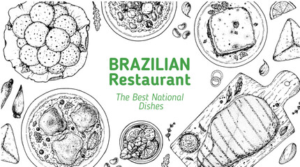 Brazilian food top view vector illustration. Food menu design template. Hand drawn sketch. Brazilian food menu. Traditional Brazilian cuisine. Pao de quejo, Galinhada, Escondidinho, Baiao de dois