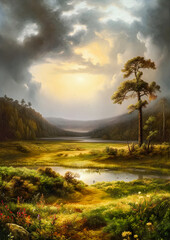 Fototapeta na wymiar sunset paradise landscape with misty atmosphere and sunlight at golden hour, painting illustration wallpaper