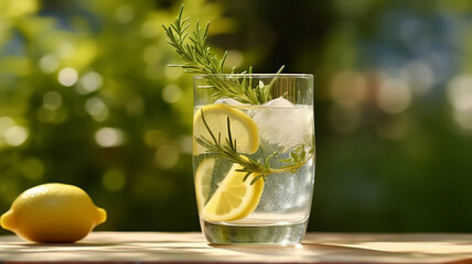 pure water with lemon in a glass of rosemary.Generative AI