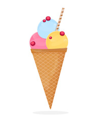 Ice cream cone with cherry.  Vector illustration in a flat style. Isolated on a white background.