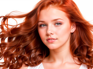  Redhead girl with long and shiny wavy hair on white background. Beautiful model with curly hairstyle. Generative AI.