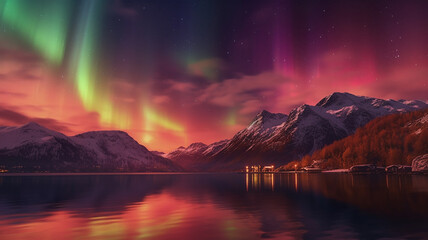 Fototapeta na wymiar beautiful nature view lake with northern lights reflection .Generative AI.