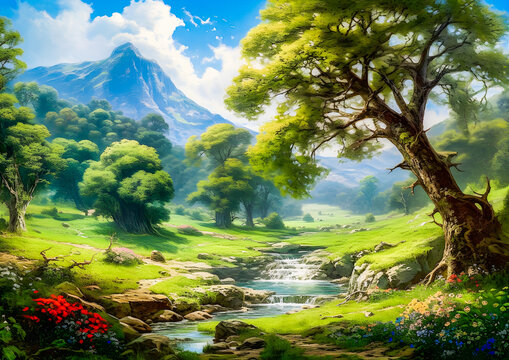 beautiful paradise landscape with large trees and a river in misty atmosphere and sunlight at golden hour, painting illustration wallpaper