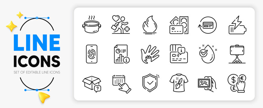 Image album, Secret package and Card line icons set for app include Fire energy, Fingerprint, Saucepan outline thin icon. T-shirt design, Event click, Selfie stick pictogram icon. Shield. Vector