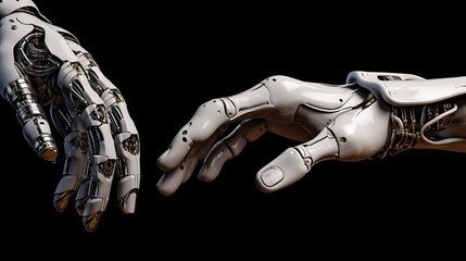 Cyborg hands as a symbol of the connection between artificial intelligence technology. Created with Generative AI technology.