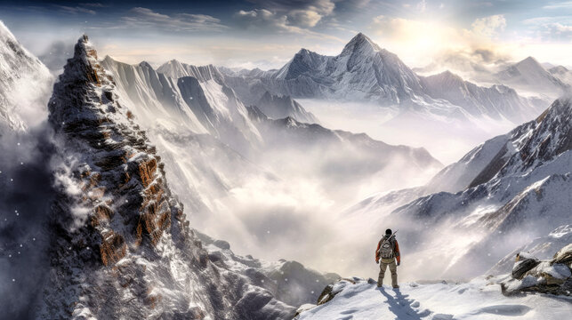 Illustration of Mountaineering Expedition in the High Mountains over Five Thousand Metres Generative AI Digital Art Background Wallpaper